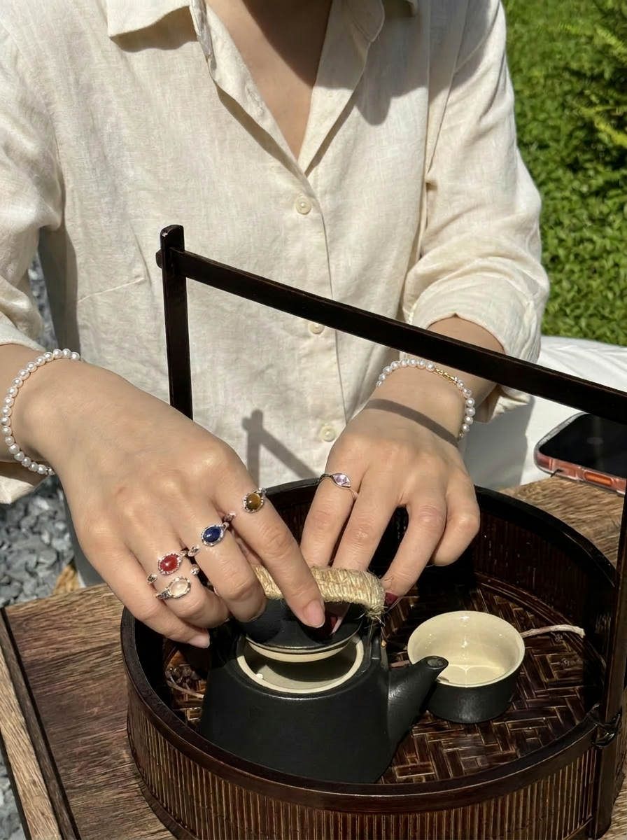 Mēre&Ora delicate and mindful crystal energy jewelry, featuring stacked rings and beaded bracelets worn in everyday natural light