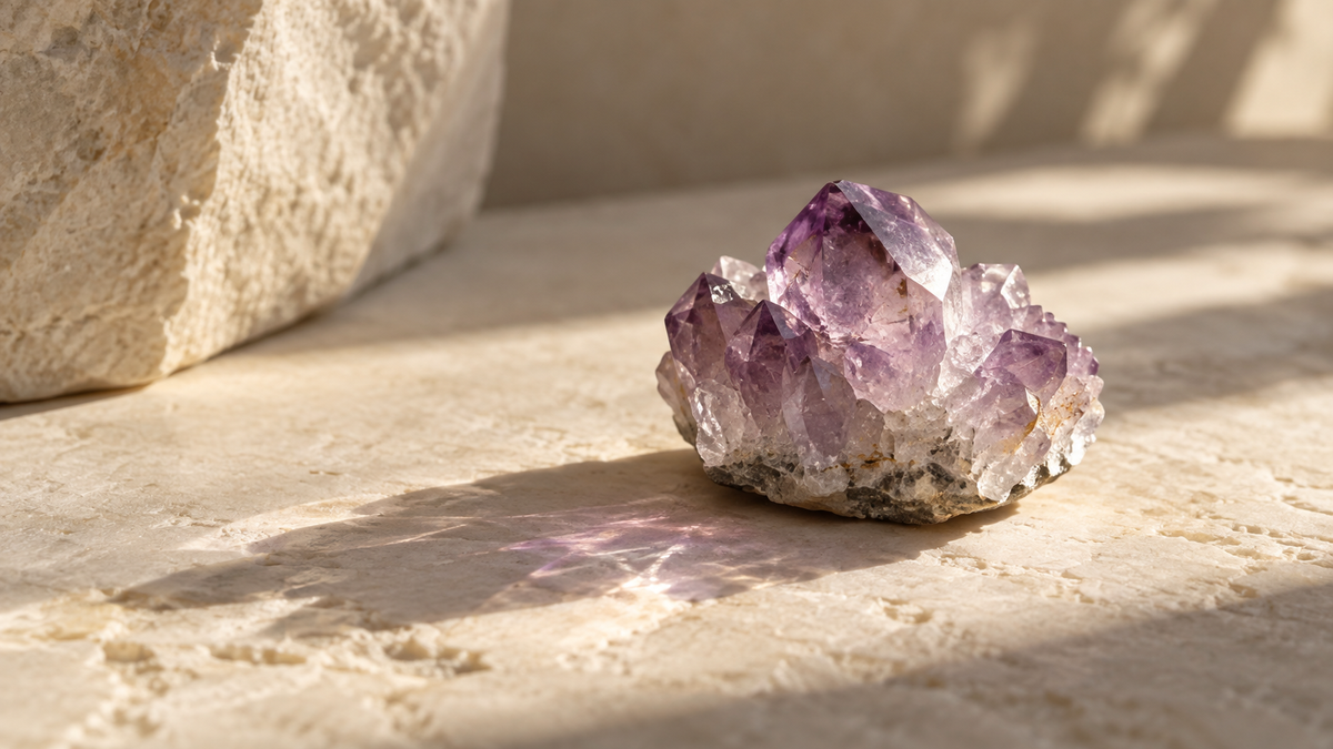 Amethyst crystal on a warm ivory surface in soft sunlight.