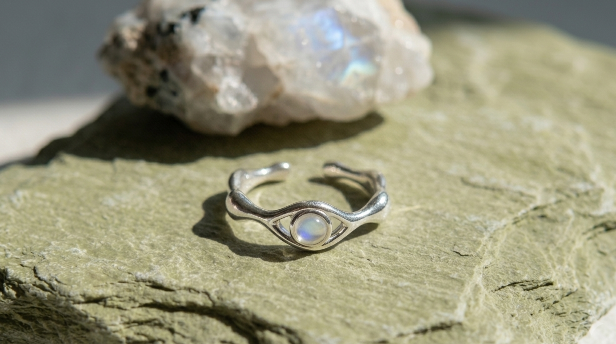 Mēre&Ora MOON GAZE Moonstone Open Ring for CLARITY  in S925 sterling silver, resting on a textured green slate stone next to a raw blue flash moonstone crystal