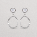 A pair of silver dangle earrings with textured oval drop shapes and smooth, dome-shaped white agate stones at the top, displayed on a light textured background.