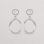 A pair of silver dangle earrings with textured oval drop shapes and smooth, dome-shaped white agate stones at the top, displayed on a light textured background.
