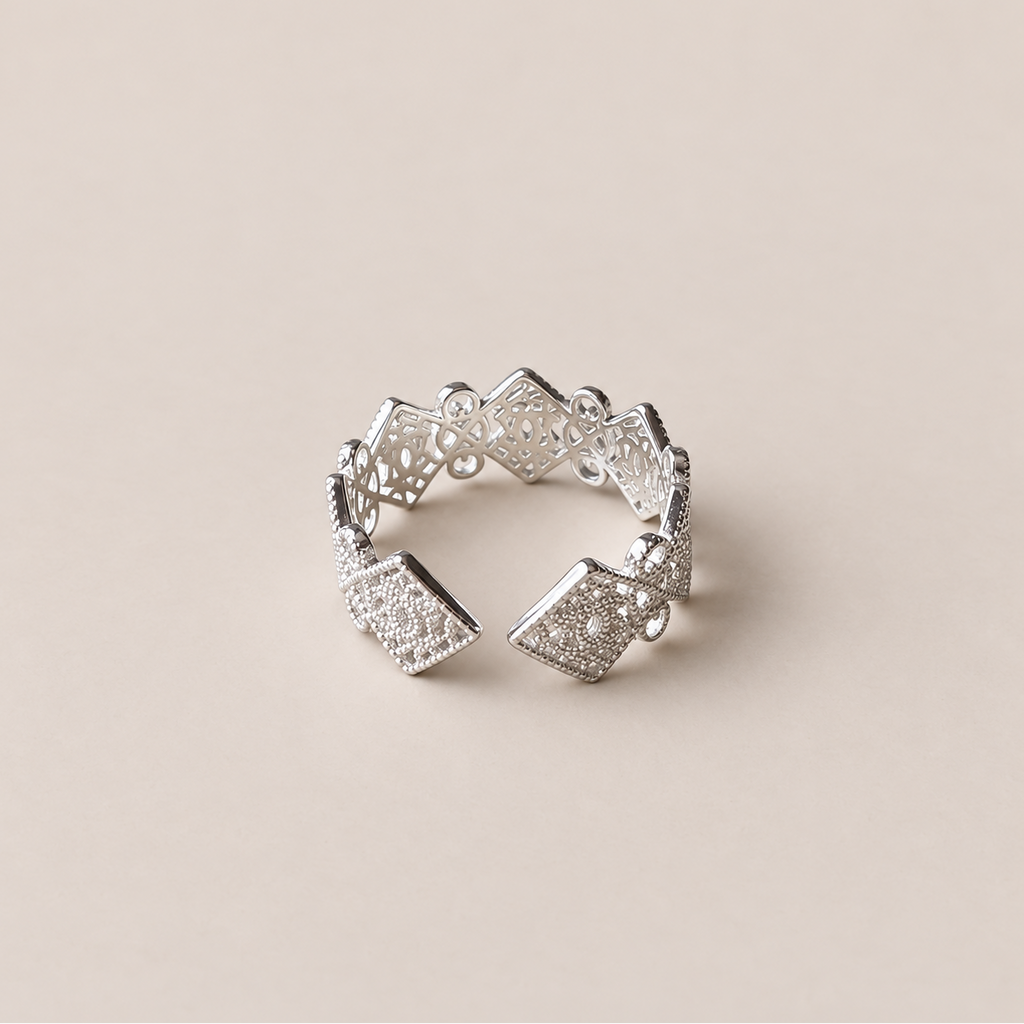 Adjustable opening and repeating geometric panels of the silver ring