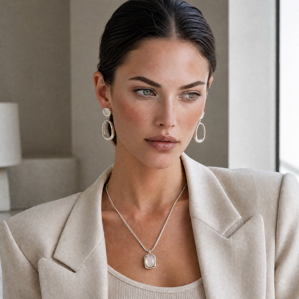 Woman wearing a beige blazer and clarity jewelry set of white agate drop earrings and necklace indoors