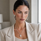 Woman wearing a beige blazer and clarity jewelry set of white agate drop earrings and necklace indoors