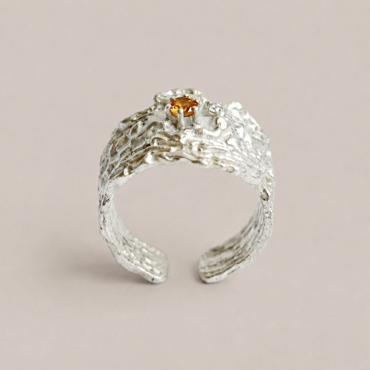EMBER VEIN — Zircon Textured Silver Open Ring