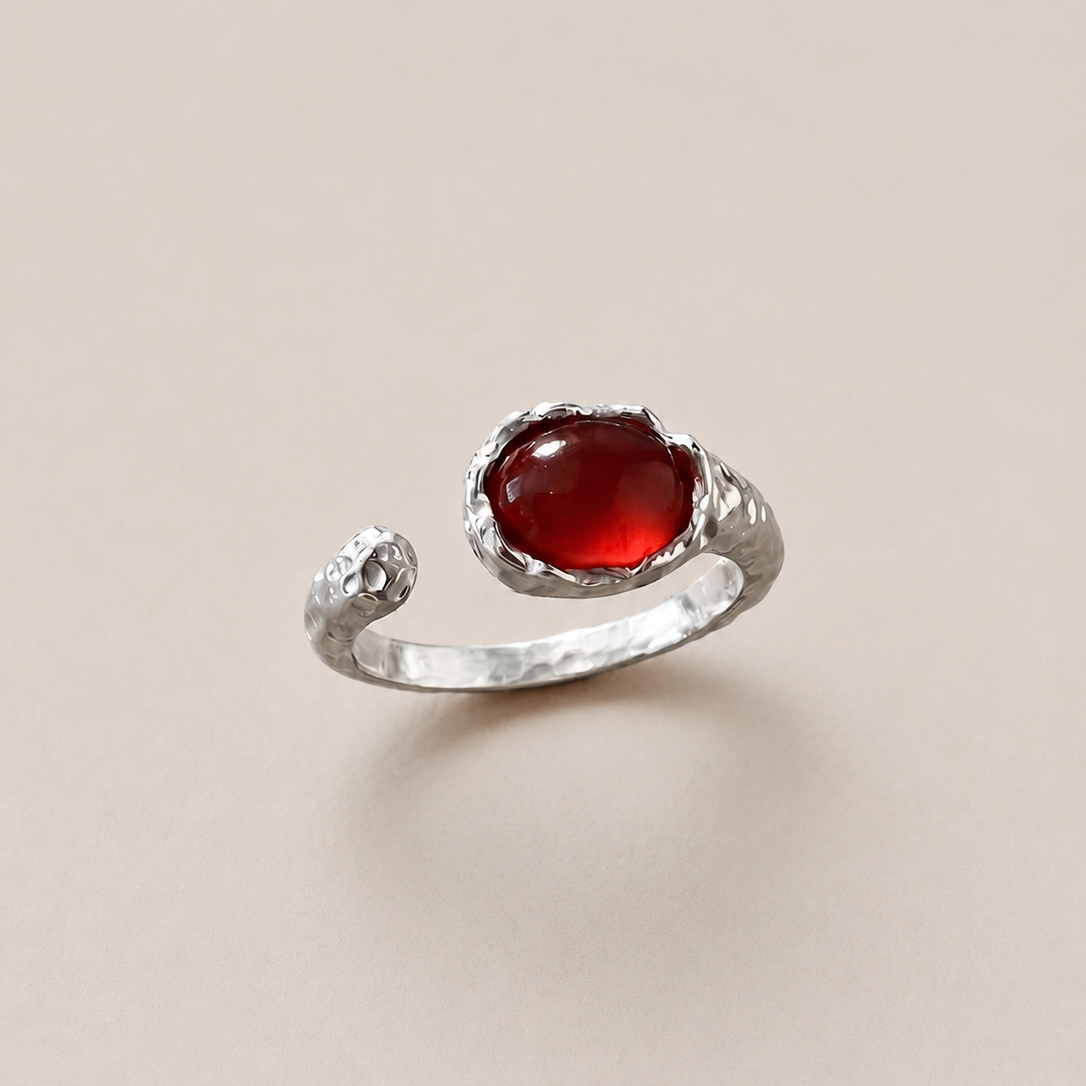 VEIN TRACE — Red Agate Hammered Open Ring in Silver