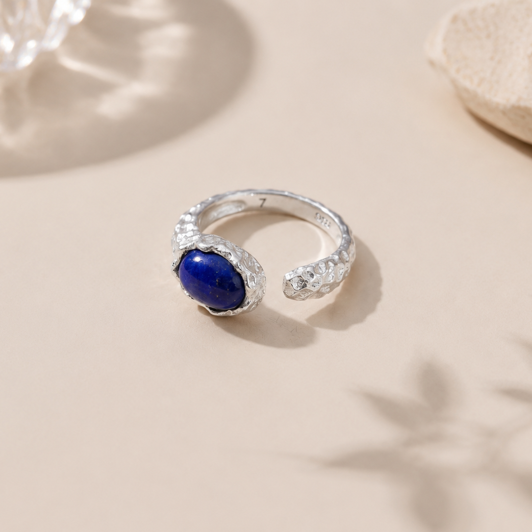 VEIN TRACE — Lapis Lazuli Hammered Silver Open Ring