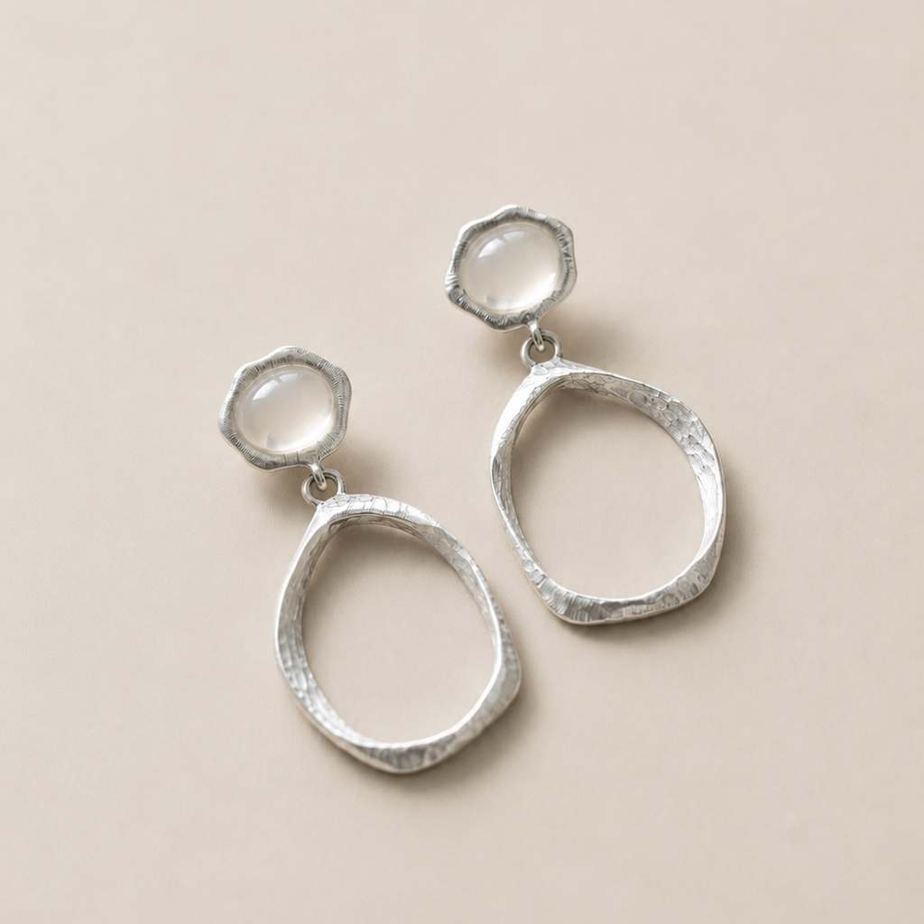 VEIN TRACE —White Agate Brushed Silver Drop Earrings