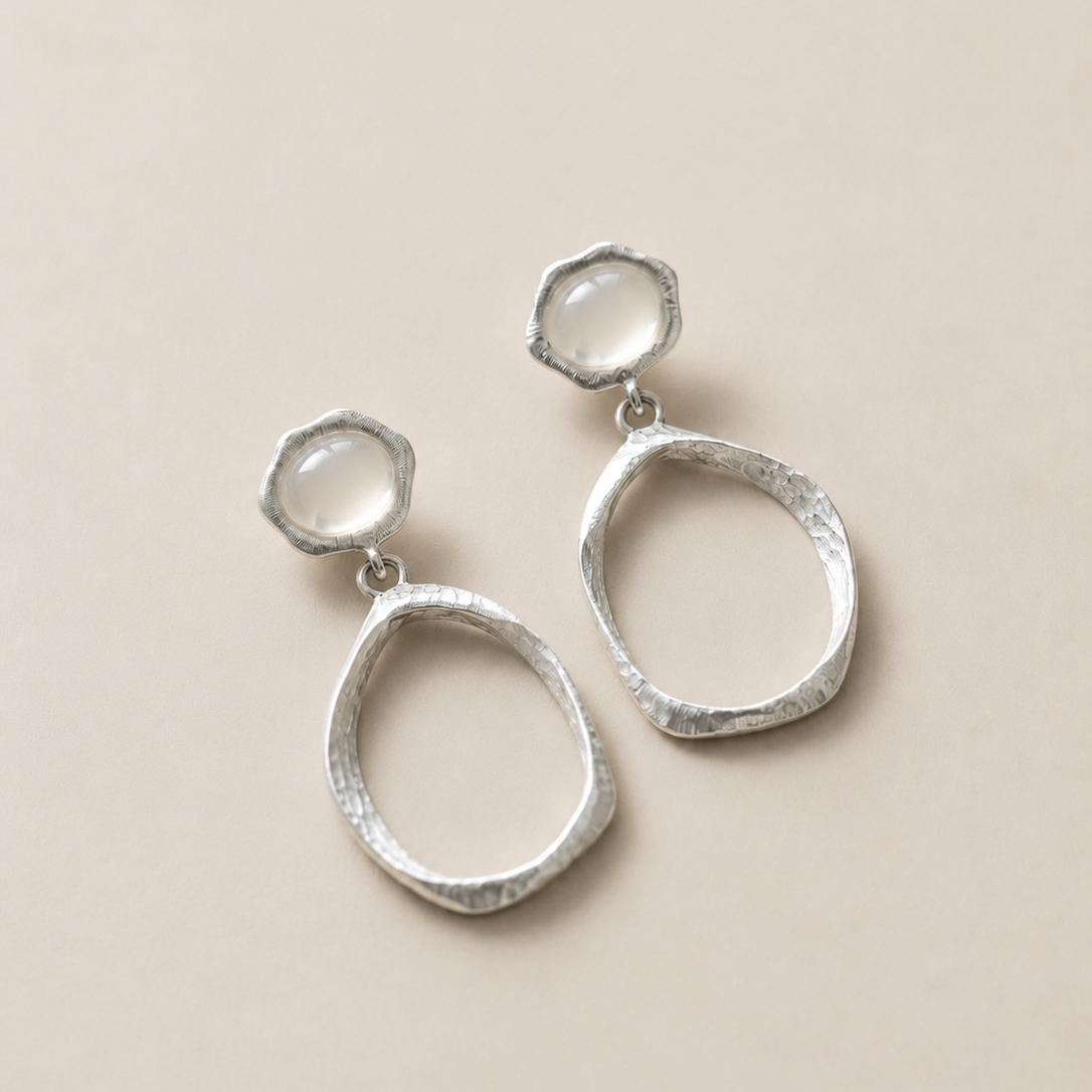 VEIN TRACE —White Agate Brushed Silver Drop Earrings