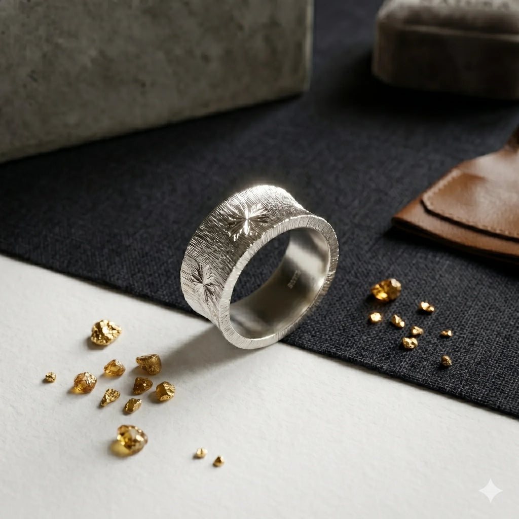 Sterling silver textured band ring with starburst engravings, minimalist jewelry photo