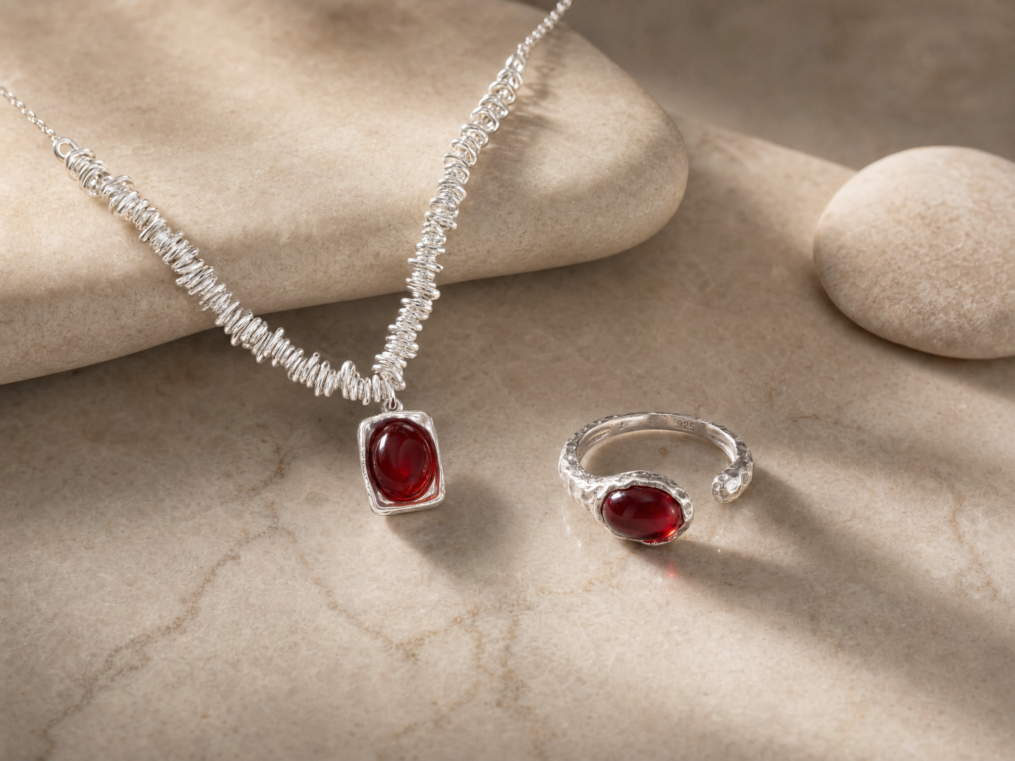 Silver necklace and ring with red agate gemstones on a beige stone surface