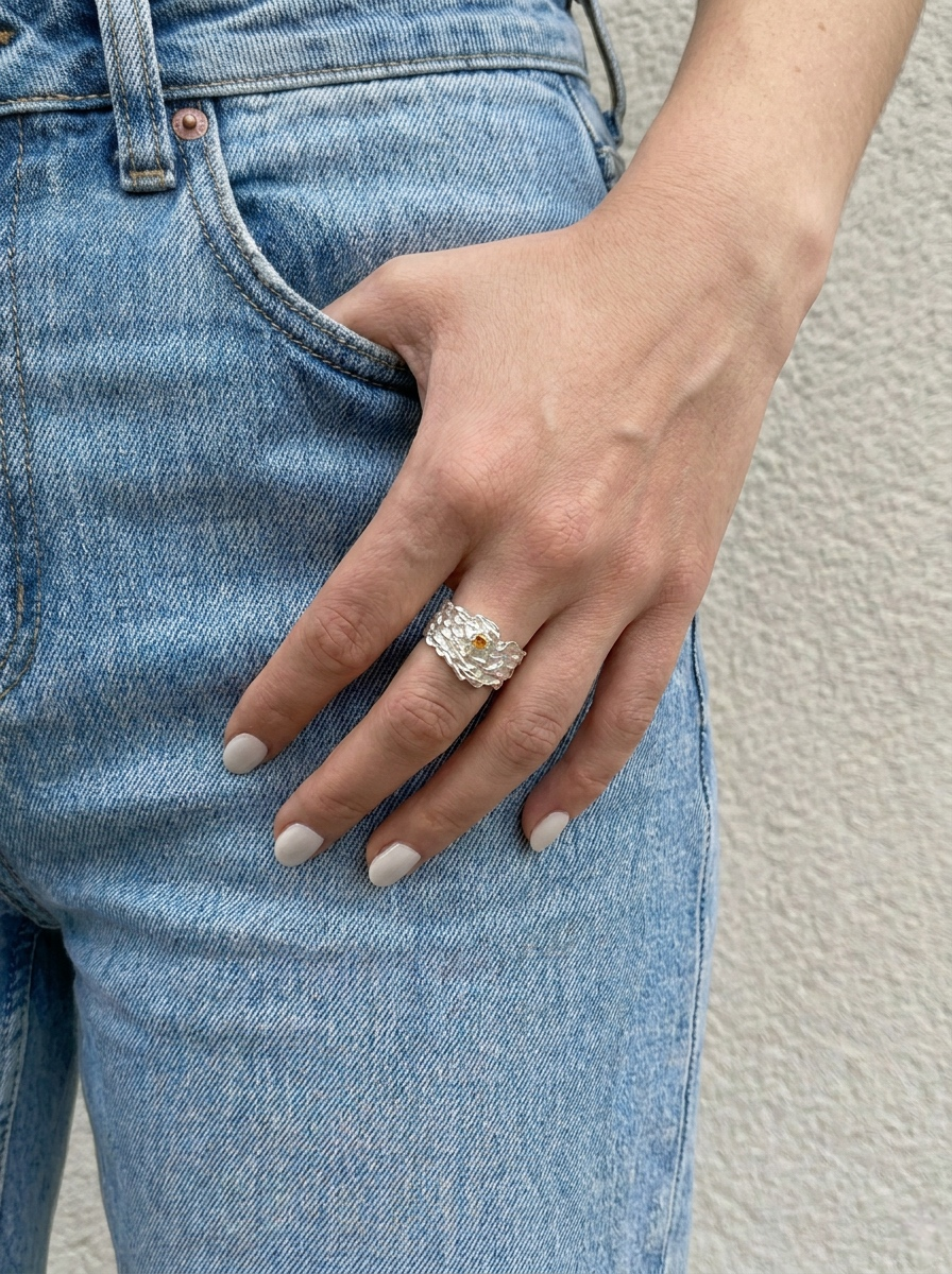 EMBER VEIN — Zircon Textured Silver Open Ring