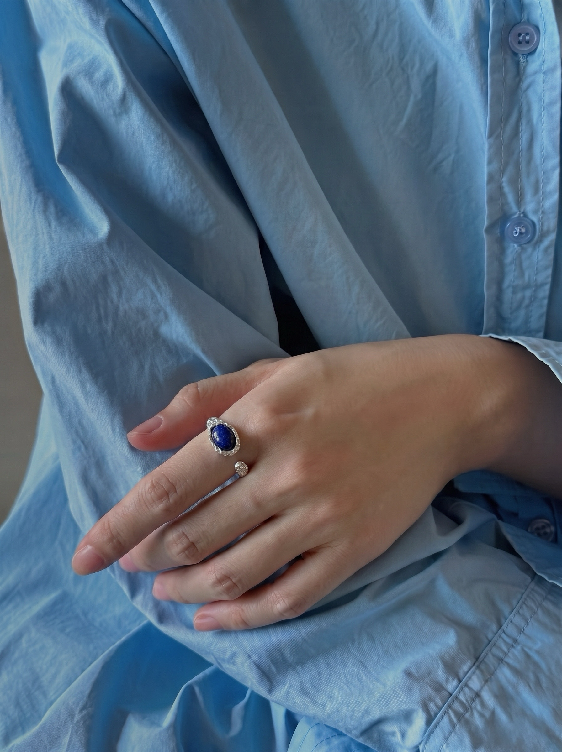 VEIN TRACE — Lapis Lazuli Hammered Silver Open Ring