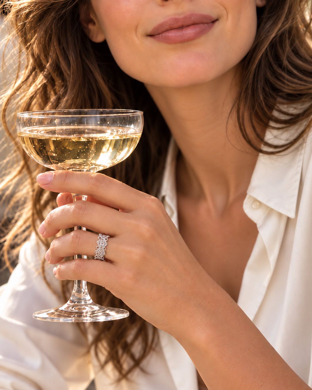 Sterling silver openwork ring styled with satin for The Celebration Edit