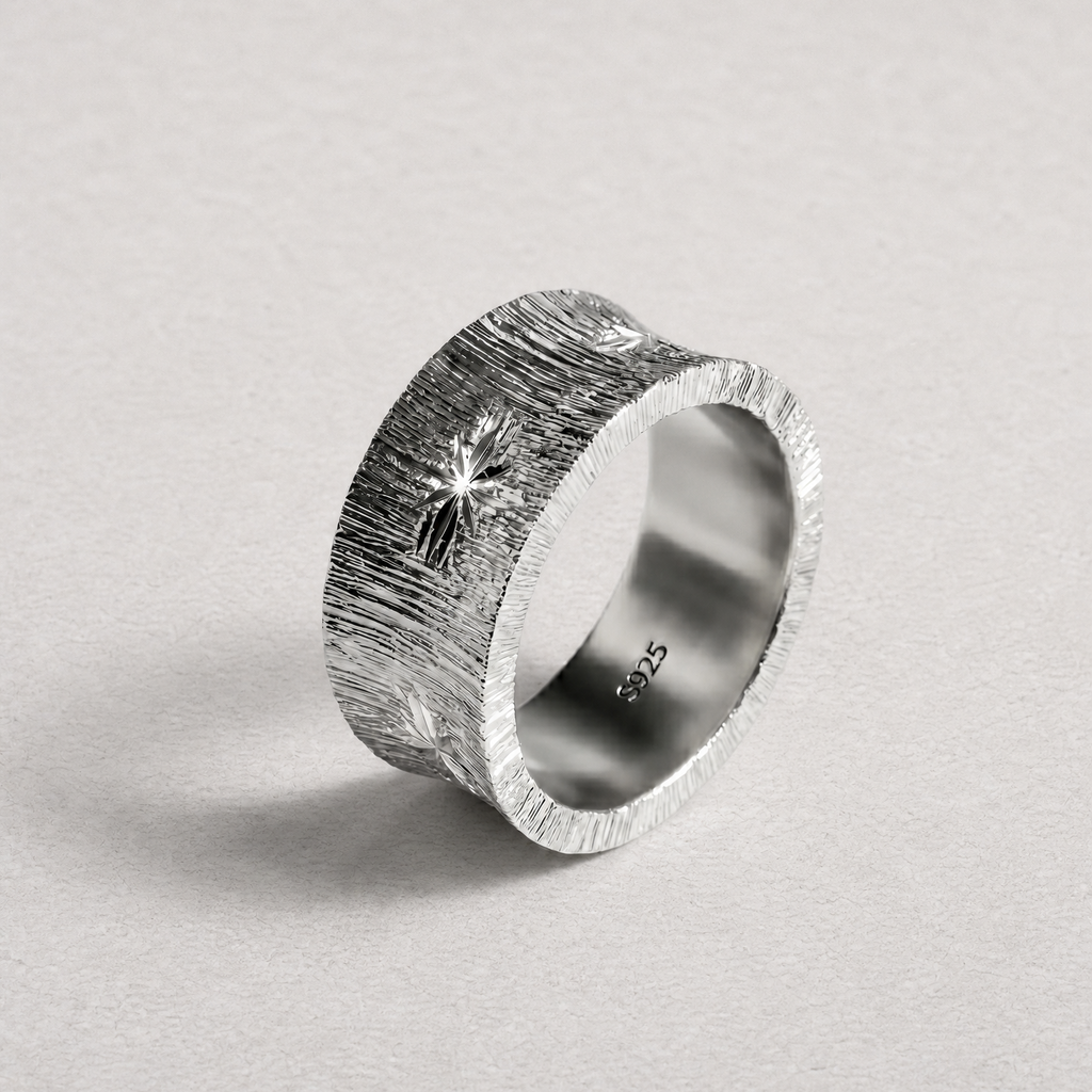 STILL SIGNAL — Textured Silver Architectural Band Ring