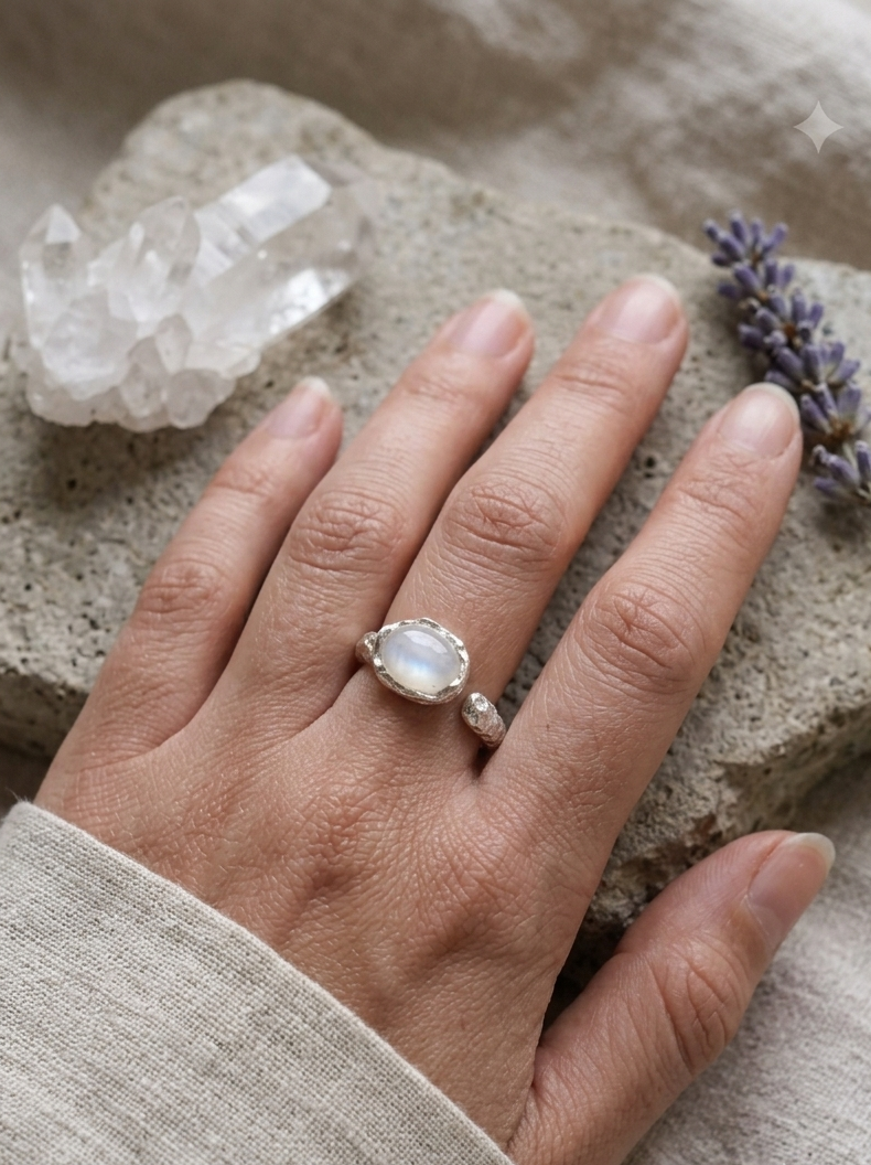 Hand wearing a ring with a stone, set against a natural background with crystals and lavender.