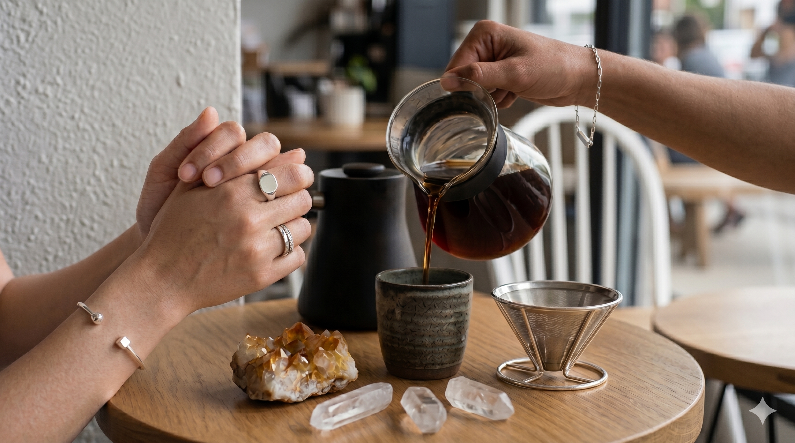 chill coffee time wearing silver jewelry
