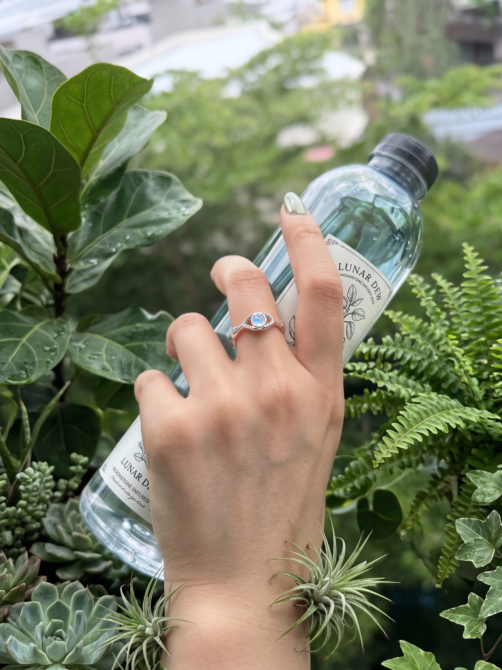 Hand wearing moonstone silver ring holding a water bottle with plants in the background