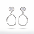 Pair of silver earrings with teardrop shapes and white agate stones on a white background