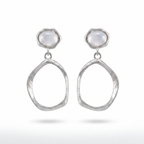 Pair of silver earrings with teardrop shapes and white agate stones on a white background
