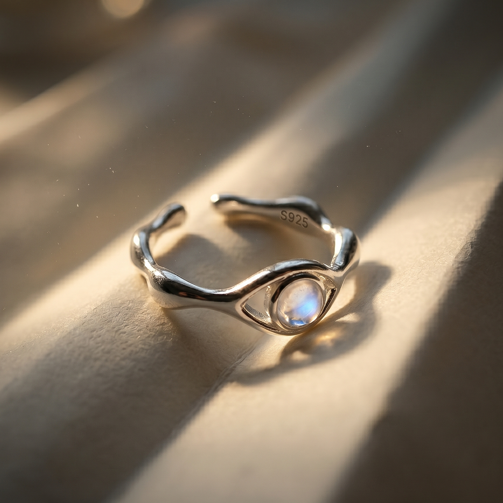 Silver ring with a moonstone on a textured surface
