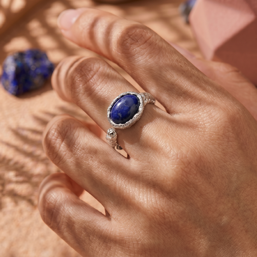 Hand wearing a ring with a blue gemstone on a textured surface